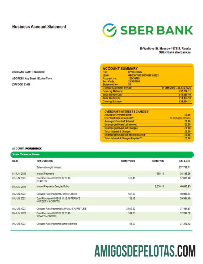 Baixável Sberbank Bank Enterprise Extrato de conta corrente modelo Word e PDF